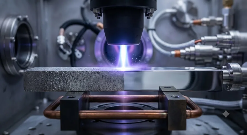 Metal bar after plasma polishing, mirror finish